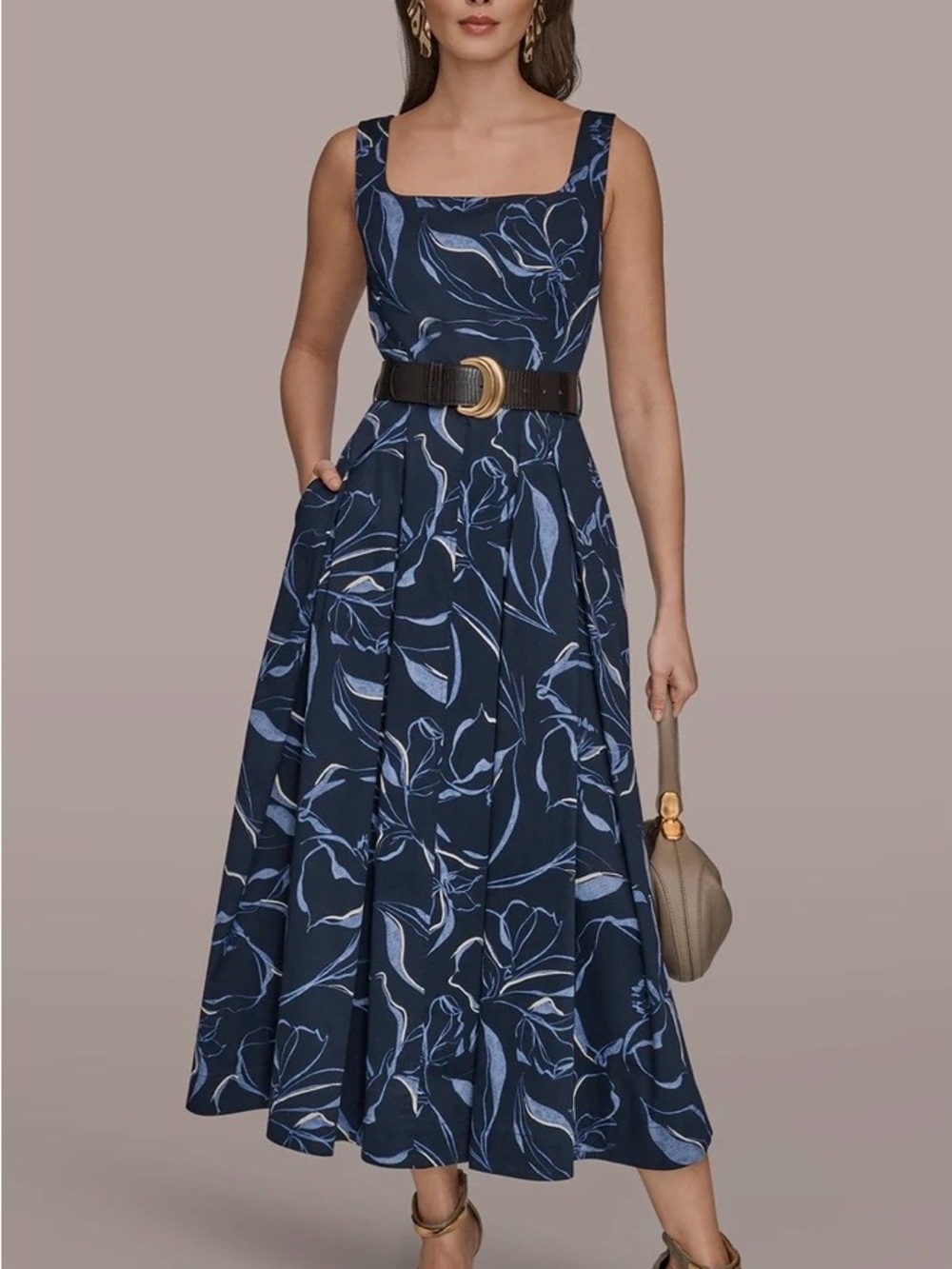Donna Karan Navy Floral Maxi Dress with Light Blue Print and Brown Belt - Picture 3 of 8